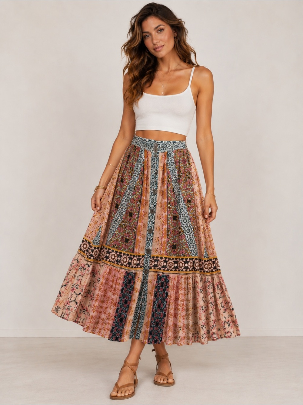 Sundance Bohemian Mixed Print Button Front Skirt
